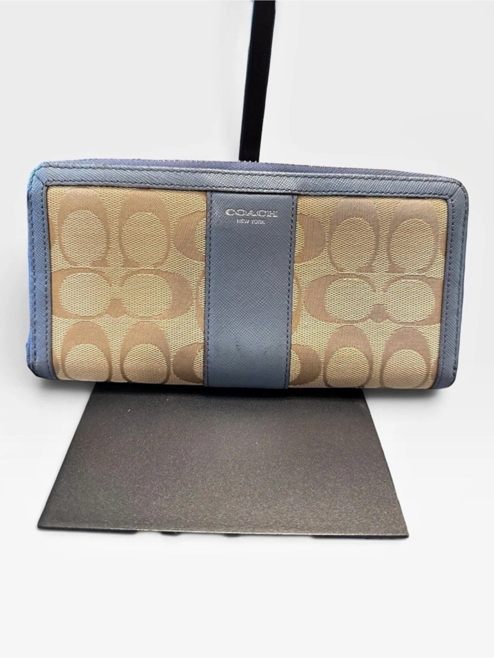 Coach Signature Canvas Center Stripe Accordion Zip Around Wallet Blue & Brown